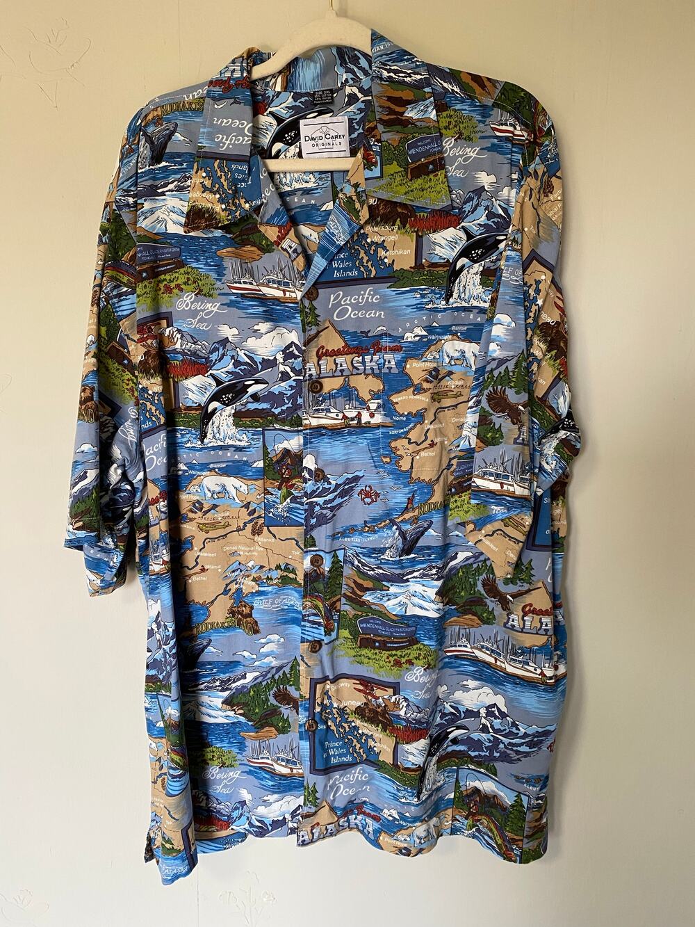David Carey Originals Alaska Men’s Button Up Camp Shirt Graphic Map Blue 3XL
